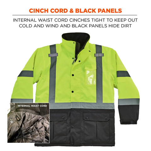 High Visibility Reflective Winter Safety Jacket Insulated Parka ANSI Compliant Lime Large GloWear 8384 -55F black panels