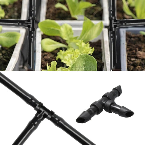 60 Pack 1/4 Inch Barbed Tee Fittings For Drip Irrigation Systems End Plug Connectors in garden setup