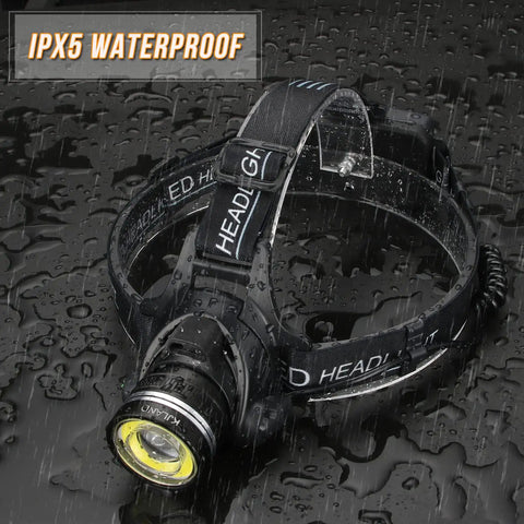 All In One USB Rechargeable Headlamp With Motion Sensor 6000 Lumen Hard Hat Light on wet surface, IPX5 waterproof