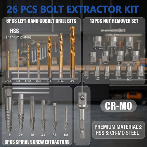3 In 1 Bolt Extractor Kit with left hand drill bits and screw extractors, showing nut remover set and spiral screw extractors
