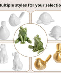 Various ceramic figures including frogs, birds, and dogs for decorative use in homes. Six Piece Ceramic Frog Toilet Bolt Cover Set Includes Universal Screw Caps With Washers No Sweat Install Hardware Kit That Truly Spices Up Your Bath Vibes And Delivers Serious Cuteness To Any Everyday Restroom Decor.