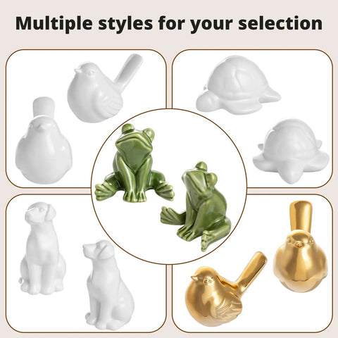 Various ceramic figures including frogs, birds, and dogs for decorative use in homes. Six Piece Ceramic Frog Toilet Bolt Cover Set Includes Universal Screw Caps With Washers No Sweat Install Hardware Kit That Truly Spices Up Your Bath Vibes And Delivers Serious Cuteness To Any Everyday Restroom Decor.
