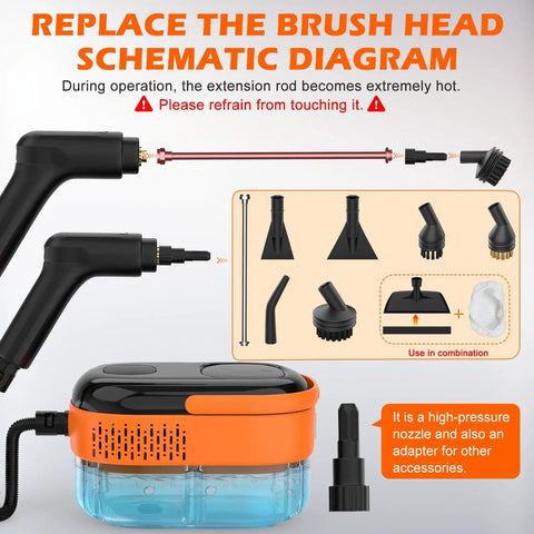 Schematic diagram for Heavy Duty Portable Handheld Steam Cleaner For Home And Auto with tools and nozzle details.