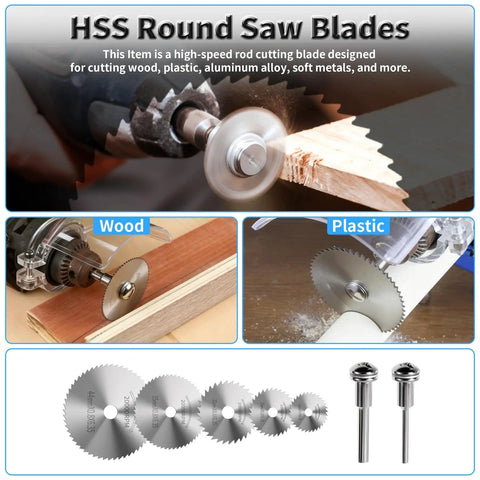 Pro Grade Mini Circular Saw Blade Set 7 Pcs HSS Cutting Discs For Wood PVC Soft Metal Includes Five Blades In 22, 25, 32, 35, 44 mm Plus Two Straight Shank Mandrels One Eighth Inch And One Quarter Inch 50mm Long For Quickcuts.