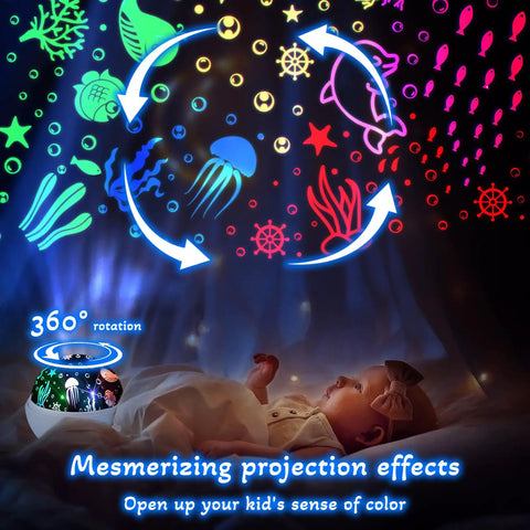 Ocean And Star Night Light Projector For Kids Room rotating projection of colorful ocean theme on ceiling above child.