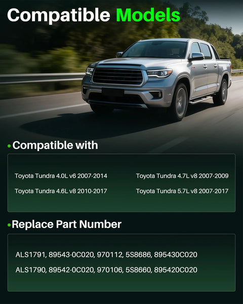Silver Toyota Tundra pickup driving on a highway with a large Compatible Models banner overhead