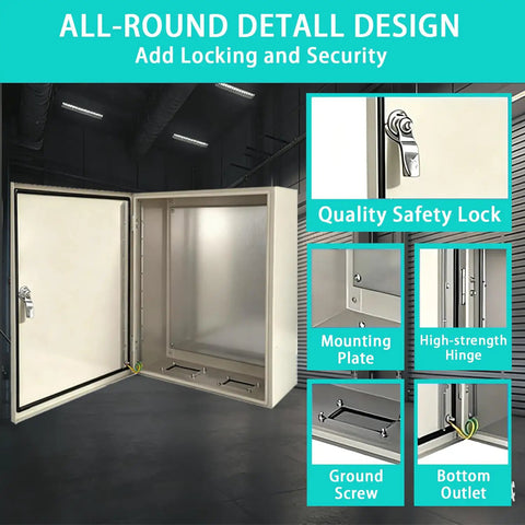 Heavy Duty Carbon Steel Electrical Enclosure 10x8x6 Inch IP66 Waterproof Metal Junction Box with safety lock and mounting features.