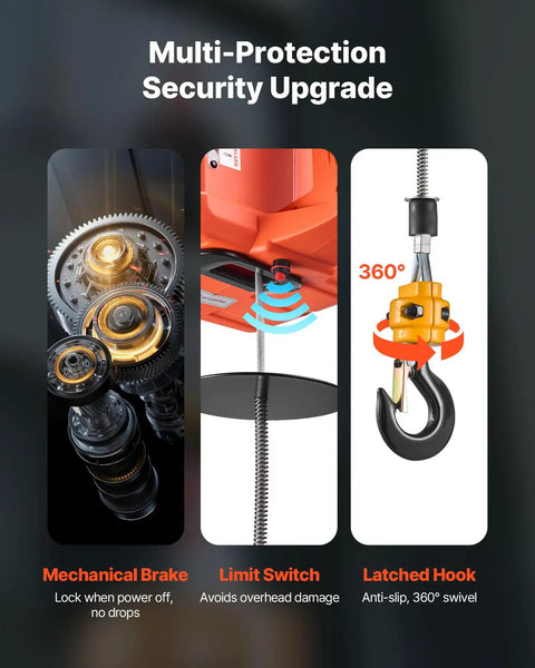 Close-up of mechanical brake, limit switch, and latched hook on 3 in 1 Electric Hoist Winch 1100 Lb Capacity Portable Power