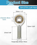 4 Pcs SA12T/K Rod End Bearings With 12mm Bore M12x1.75 Left Hand Male Thread Jam Nuts Chrome Steel Self-Lubricating Joints For Flexible Machine Linkage And Robot Arms. SA12T/K left-hand rod end bearing, 12mm bore, M12x1.75 thread, 72mm length