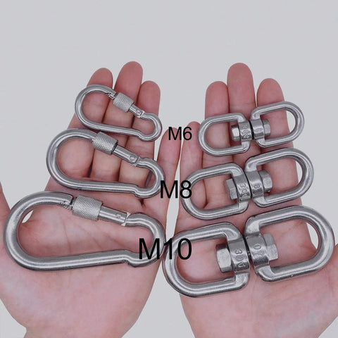 Badass Heavy Duty 304 Stainless Steel Double Ended Swivel Eye Hook With Rust Proof Snap Hooks for Tree Swing and Spinner Hanger, M6 M8 M10 sizes.