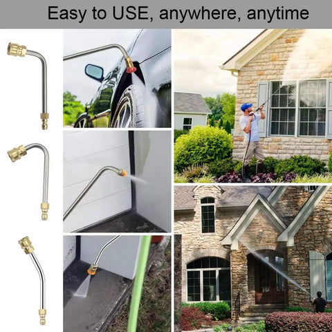 Pressure Washer Extension Wand Upgrade With Curved Rod Heads For Hard To Reach Areas Includes 30 Degree 90 Degree And 120 Degree Nozzles One Quarter Inch Quick Connect Replacement For Anti Leaked Ring Up To 4000 PSI in use for outdoor cleaning