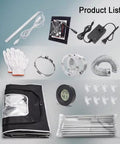 Product components for Resin 3D Printer Enclosure With LED Light, Waterproof And Dustproof Tent, fan, gloves, and thermometer.