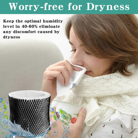 Woman using tissue next to Long Lasting Humidifier Filter Replacement Fits Sunbeam SCM1746 SCM1745 HWF64 Holmes HM1746 BWF64