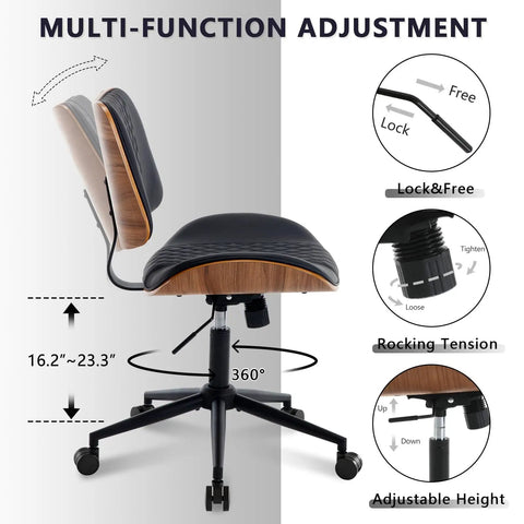 Side view of armless office chair with wheels for home office, adjustable height, PU leather mid back, 360 degree swivel mechanism.