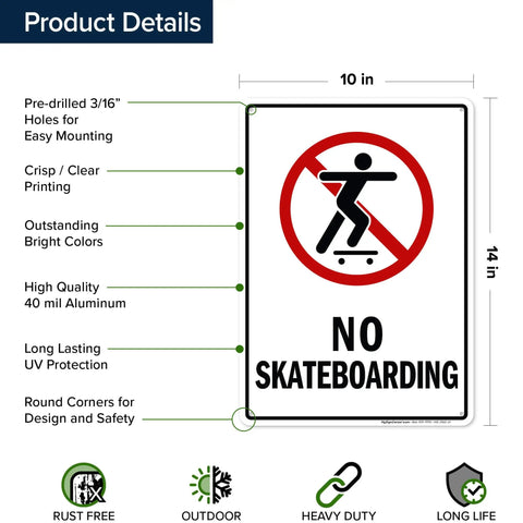 No Skateboarding Sign 10x14 Inches Built From Rust Free Aluminum Weatherproof Fade Resistant Outdoor Sign For Shops Yards And Entrances Made In USA Weatherproof Durable Signage with product details and dimensions