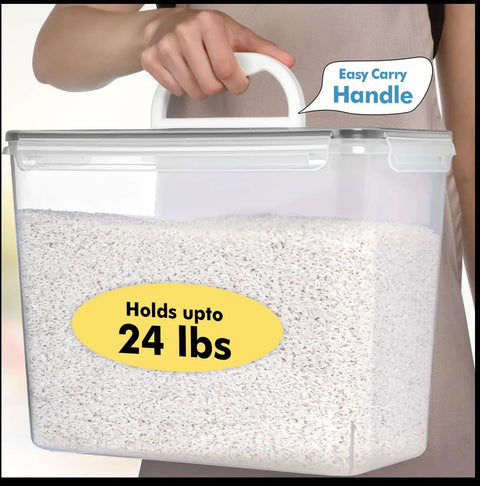Person holding 2 Pack Extra Large Food Storage Containers With Lids 11L Each Easy Carry Handle BPA Free Airtight For Flour Sugar Rice Cereal Bulk Pantry Organization