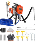 Heavy Duty Stand Airless Paint Sprayer With 1500W Motor And 3300 PSI Pressure, featuring spray gun, hoses, nozzles, and accessories.