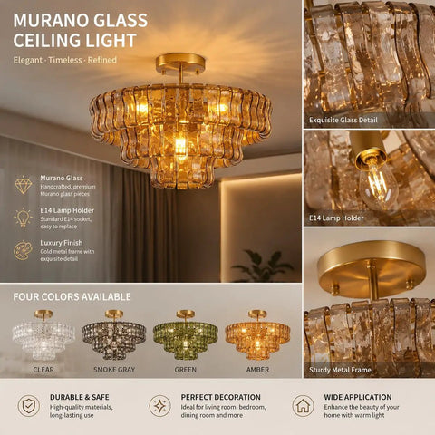 Artpad 19.69‑Inch Modern Ceiling Pendant Light, LED Living Room Lighting with Murano glass design and gold finish.