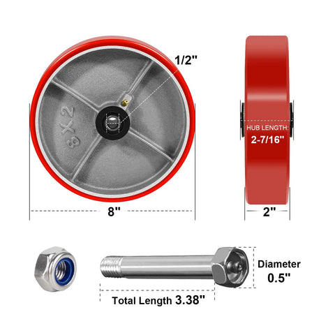 Heavy Duty 8 Inch Caster Wheels Set of 2 for Carts and Toolbox Replaceable One Half Inch Bore Polyurethane on Cast Iron Wheel