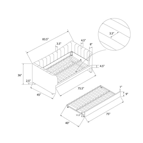 Diagram of Valentina Twin Upholstered Daybed With Trundle In Pink Velvet For Sleepovers and Quick Guest Beds, dimensions labeled.
