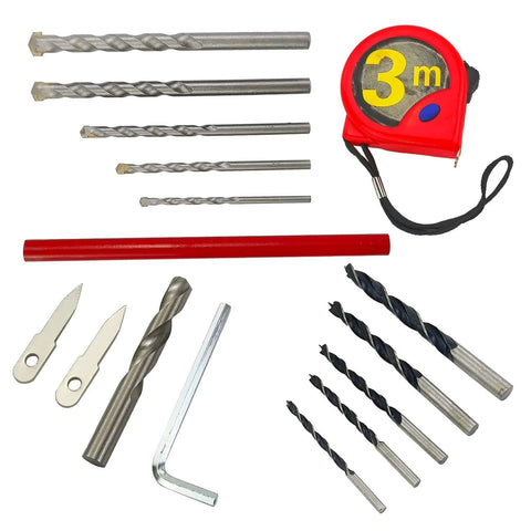 Adjustable hole saw cutter kit by Amazon AeKeatDa with drill bits, spade bits, hex key, ruler, red measuring tape