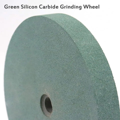 6 Inch Silicon Carbide Bench Grinder Wheel With Half Inch Arbor And Durable Wire Brush, 120 Grit, side view with text "Green Silicon Carbide Grinding Wheel"