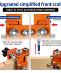 Double Hole Punch Locator And Adjustable Drill Positioning Jig With 12mm Eccentric Nut for precise woodworking; front scale view.
