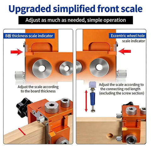 Double Hole Punch Locator And Adjustable Drill Positioning Jig With 12mm Eccentric Nut for precise woodworking; front scale view.