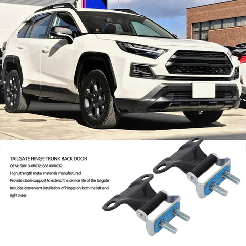 Beefy Tailgate Hinge Kit For 2019-2023 Dodge Ram Rear Door Replacement, steel hinges and vehicle side view.