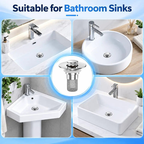 Removable Stainless Steel Hair Catcher Basket For Bathroom Sink Tub And Shower With Pop Up Drain Stopper shown in various sink types.