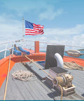 Rail Mount Flag Pole Base Set With 12 By 18 Inch American Flag on a boat deck, showcasing polished 304 stainless steel mount.