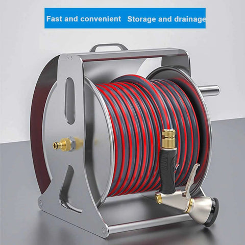 Built Tough Stainless Steel Garden Hose Reel With 98 Foot Retractable Tube wall mount shown with tubing and nozzle for easy yard work.