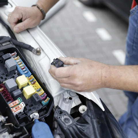 Close-up of hands handling a black automotive electrical connector near a car fuse box.