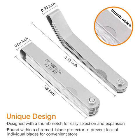 ZUZUAN 2-piece feeler gauge set: 32-blade thickness gauge and 16-blade offset gauge, dual SAE/metric.