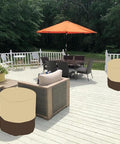 Outdoor patio with tables covered by Beige Waterproof 420D Polyester covers, showcasing Outdoor Patio Bar Table Cover For Round 21 Inch Diameter And 23 Inch High Fits Keter 7.5 Gallon Cool Bar End Tables Beige Waterproof 420D Polyester With Rainproof Backing For Small Outdoor Side Tables in use.