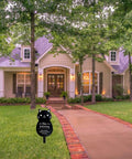 Front yard with no soliciting sign featuring funny black cat design, metal 16.5x7.1 inches, easy inground stake, for home display
