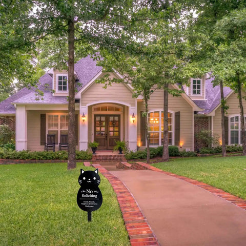 Front yard with no soliciting sign featuring funny black cat design, metal 16.5x7.1 inches, easy inground stake, for home display
