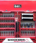 Shockwave Impact Duty Driver Bit Set 70 Piece With Shockzone Geometry in red case, showcasing diverse tip types and corrosion-resistant metal tips.