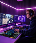 Gamer using Mystical Gothic Library XXL Mouse Pad 31.5x15.7 Inches, Vintage Book Theme Desk Mat with PC setup and dual monitors.