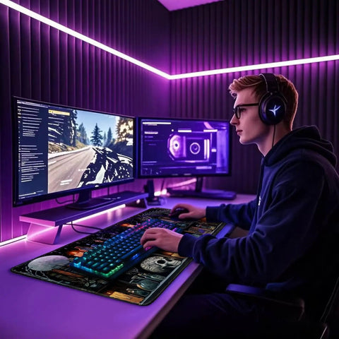 Gamer using Mystical Gothic Library XXL Mouse Pad 31.5x15.7 Inches, Vintage Book Theme Desk Mat with PC setup and dual monitors.