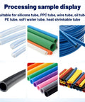 Various tubes displayed, including silicone, PE, and heat shrinkable, suitable for Sciolix Automatic Heat Shrink Tube Cutter Machine.
