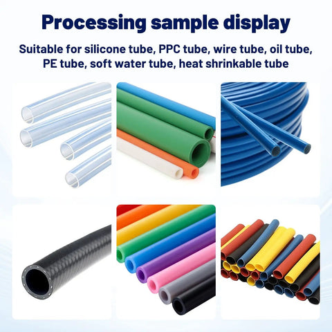 Various tubes displayed, including silicone, PE, and heat shrinkable, suitable for Sciolix Automatic Heat Shrink Tube Cutter Machine.