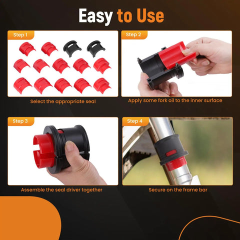 Four-step guide using Fork Seal Driver Tool Kit For Motorcycles And Bikes Pro Grade 14 Piece Set With Adapters 35-50mm for fork installation