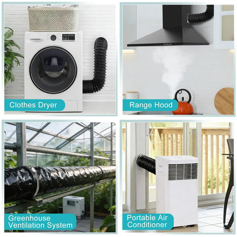 4 Inch By 7.2 Ft Dryer Vent Hose in use with clothes dryer, range hood, greenhouse ventilation, and portable air conditioner.