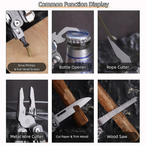 Common functions of 15 In 1 Multitool Pliers including screwdriver, bottle opener, rope cutter, wire cutter, knife, and wood saw.