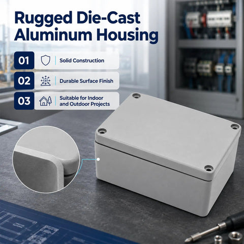 Rock Solid IP67 Aluminum Junction Box Panel Ready Mounting Enclosure With Precision Holes No Leak Seal Corrosion Proof Housing For Handyman And Industrial Wiring Jobs Built Tough shown with rugged die-cast design and smooth surface.