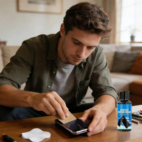 Man using Phone Screen Scratch Repair Kit With Metal Frame Fix For Quick Pro Grade Long Lasting Solution Portable Resin Abrasive Compound External Body Polish And Protector Cream For Cellphones And Gadgets on smartphone screen at home.