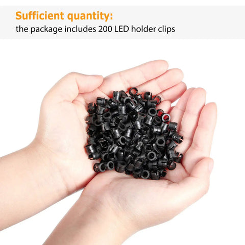 Hands holding 200 Pack 5mm LED Holder Clips Black Nylon Mounting Brackets for LED Bezel Display Panels