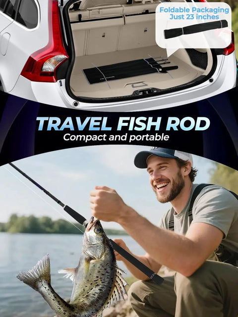 4 Piece Travel Spinning Rod for Freshwater and Saltwater in car, man fishing with rod, compact 7 Foot Heavy Power Carbon Fiber Pole