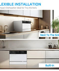 Top Shelf Countertop Dishwasher With Eight Smart Cycles And Six Place Settings Handles Busy Nights Like A Charm Energy Star Certified Portable Appliance Tailored For Dorms RVs And Apartments Crisp White, shown installed next to sink and as built-in.